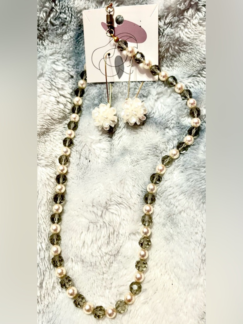 Smoky Grey Crystal and Pearl Necklace with White Floral Earrings